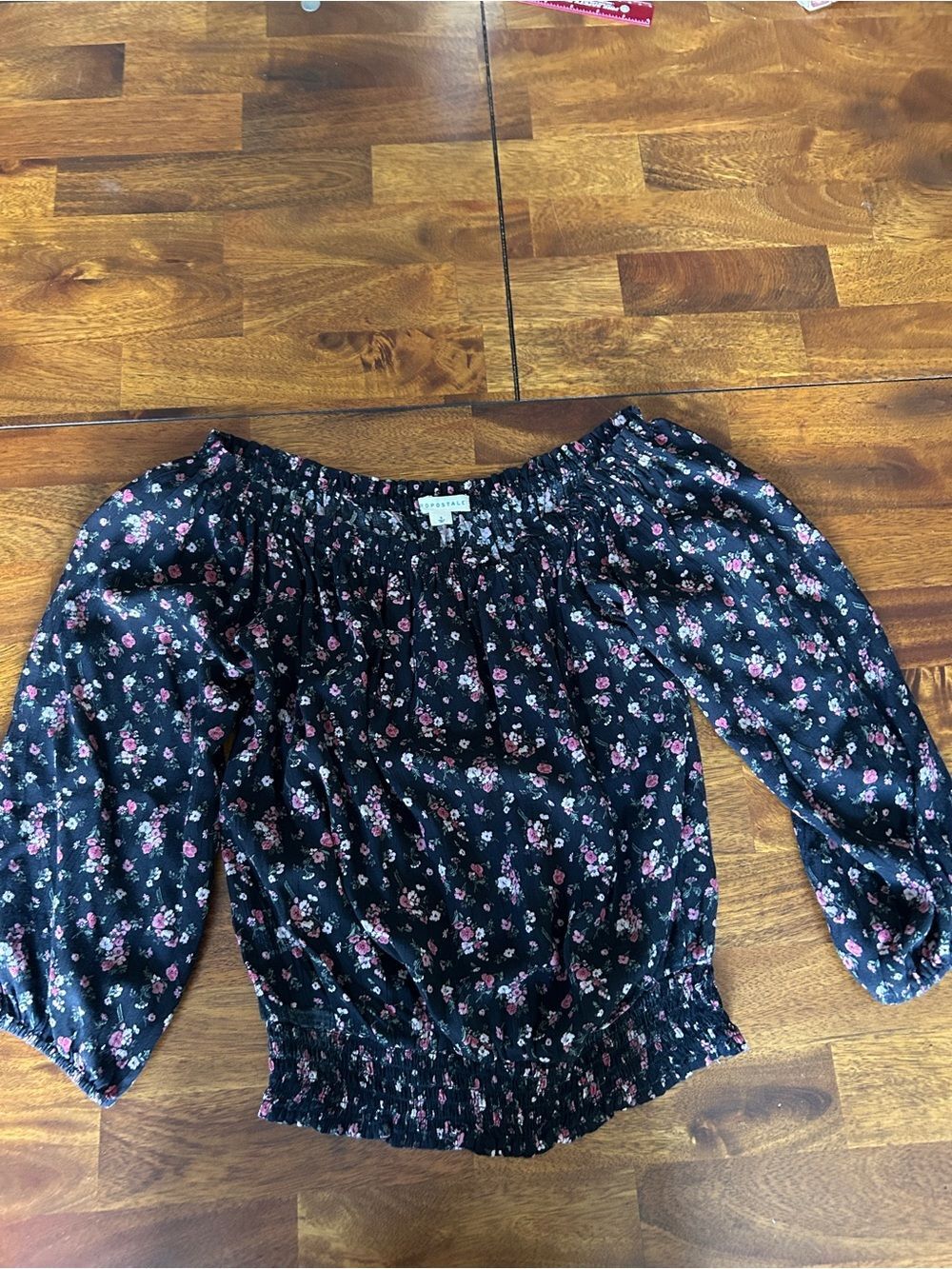 Aeropostale Black Floral Off-the-Shoulder Smocked Waist Blouse